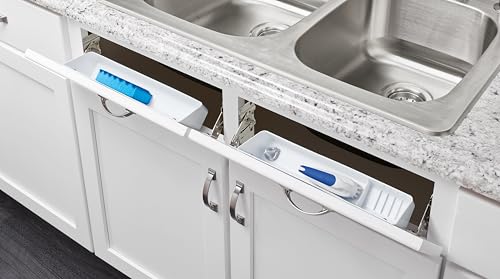 Rev-A-Shelf 14" Tip-Out Plastic Sink Trays for Kitchen and Bathroom Base Cabinet, Pull Out Vanity Shelf Home Organizer, White, 6572-14-11-52