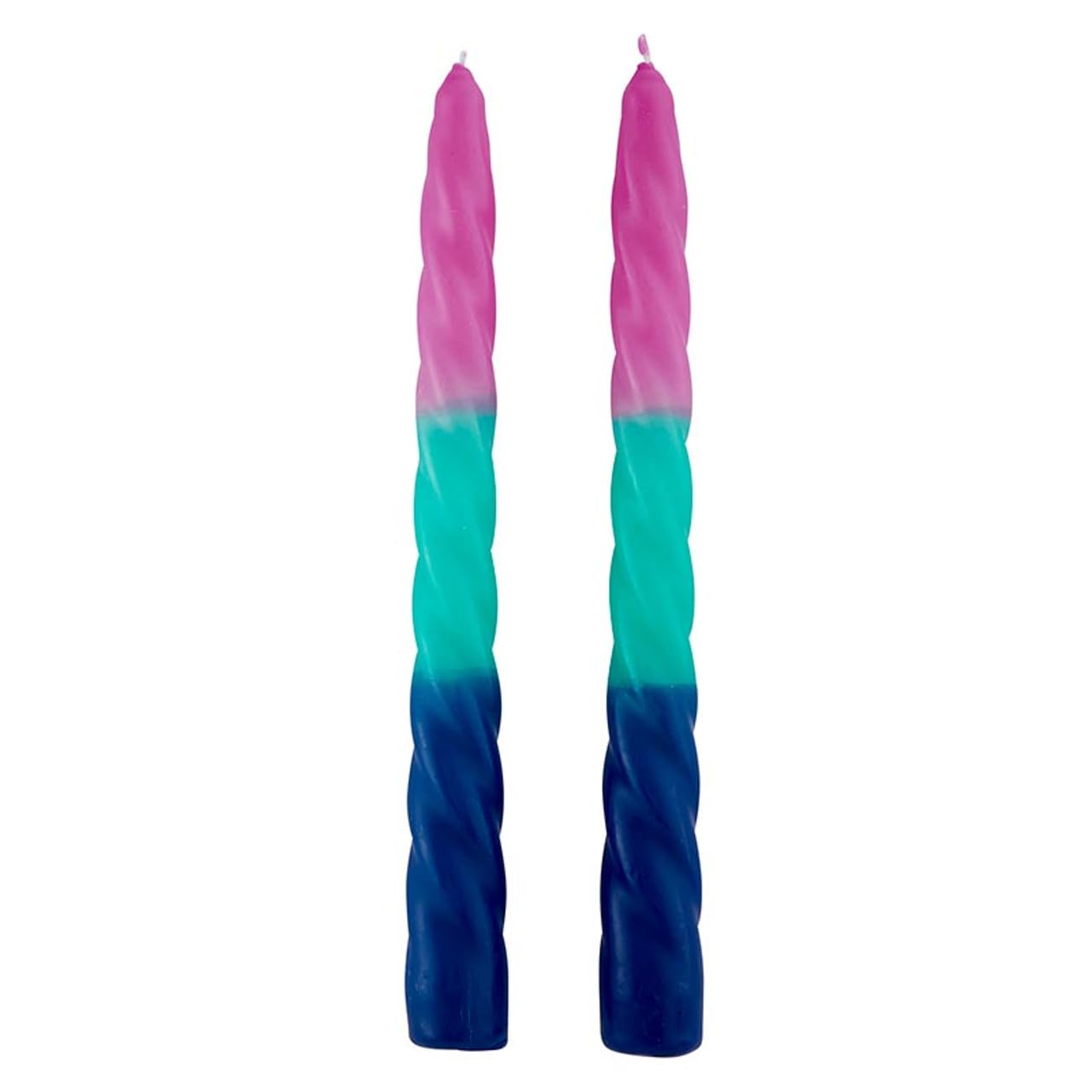 Slant Collections Tri-Colored Unscented Spiral Taper Candles 2-Count Dinner Candles, 9-Inch, Pink/Green/Blue