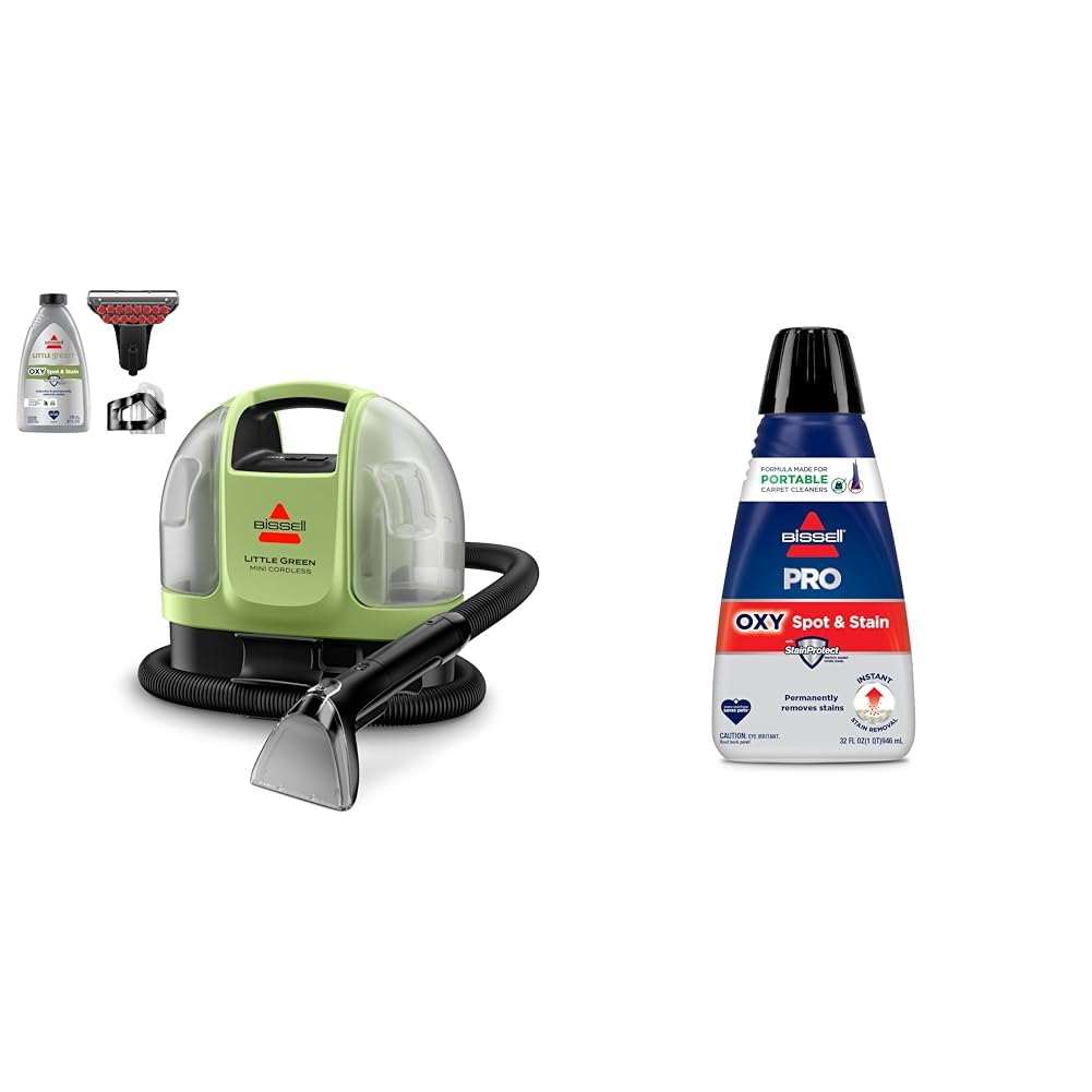 BISSELL Little Green Mini Cordless Portable Carpet and Upholstery Deep Cleaner, 4015 + Bissell Professional Spot and Stain + Oxy Portable Machine Formula, 32 Fl Oz
