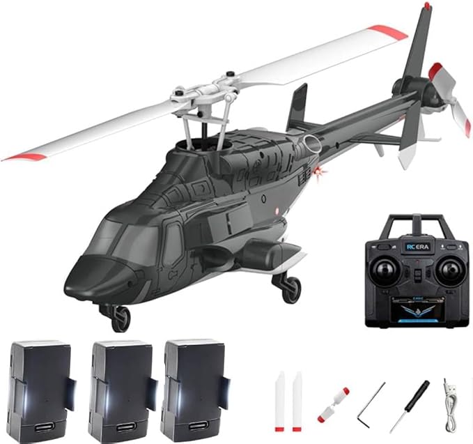 RC Helicopter Model A61 1/53 Scale Air-Wolf 2.4G 4CH Single Rotor RC Plane with Optical Flow Altitude Hold (RTF Version/Black and White) (Black)