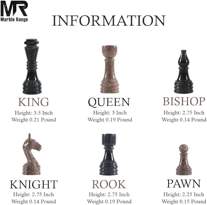 Marble Chess Set for Adults 15 Handmade Black & Oceanic Board Game with 32 Chess Pieces 2 Extra Queens & Storage Box Luxury Travel Game – Elegant Home Décor