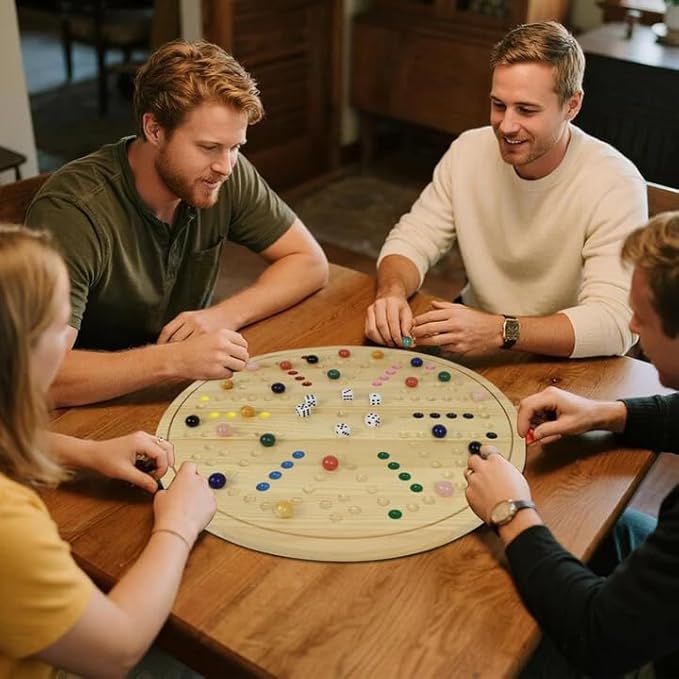 HOROW Wahoo Board Game - 20 Inch Solid Wood Board with 24 Natural Gemstone Marbles & 6 DiceDouble-Sided for 4 and 6 Players - Perfect for Family Game Nights and Parties