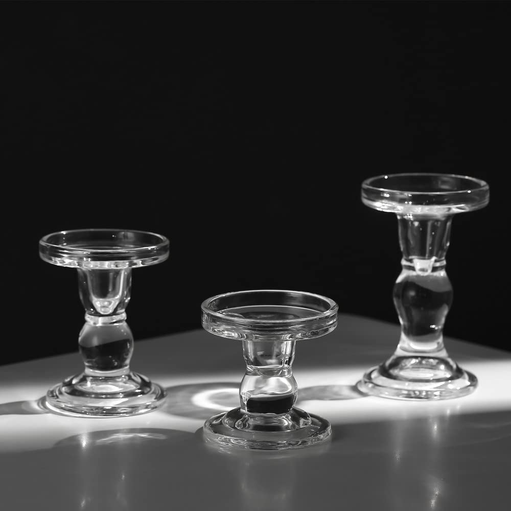 2Pcs Glass Candle Holders,Crystal Glass Candle Holder,Clear Pillar Taper Candlestick for Wedding, Party, Holiday Decoration (Small)