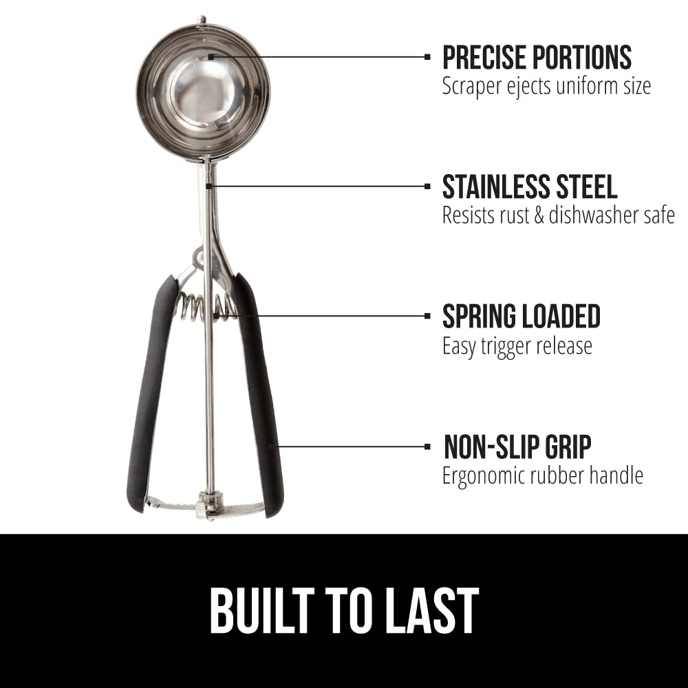GORILLA GRIP Stainless Steel Cookie Scoop for Baking, 2 TBSP, Multipurpose Melon Baller, Meatball Spring Scoops, Perfect Portion Sizes, Easy Food Release, Scooper Size 40, BPA-Free Kitchen Tool, Black