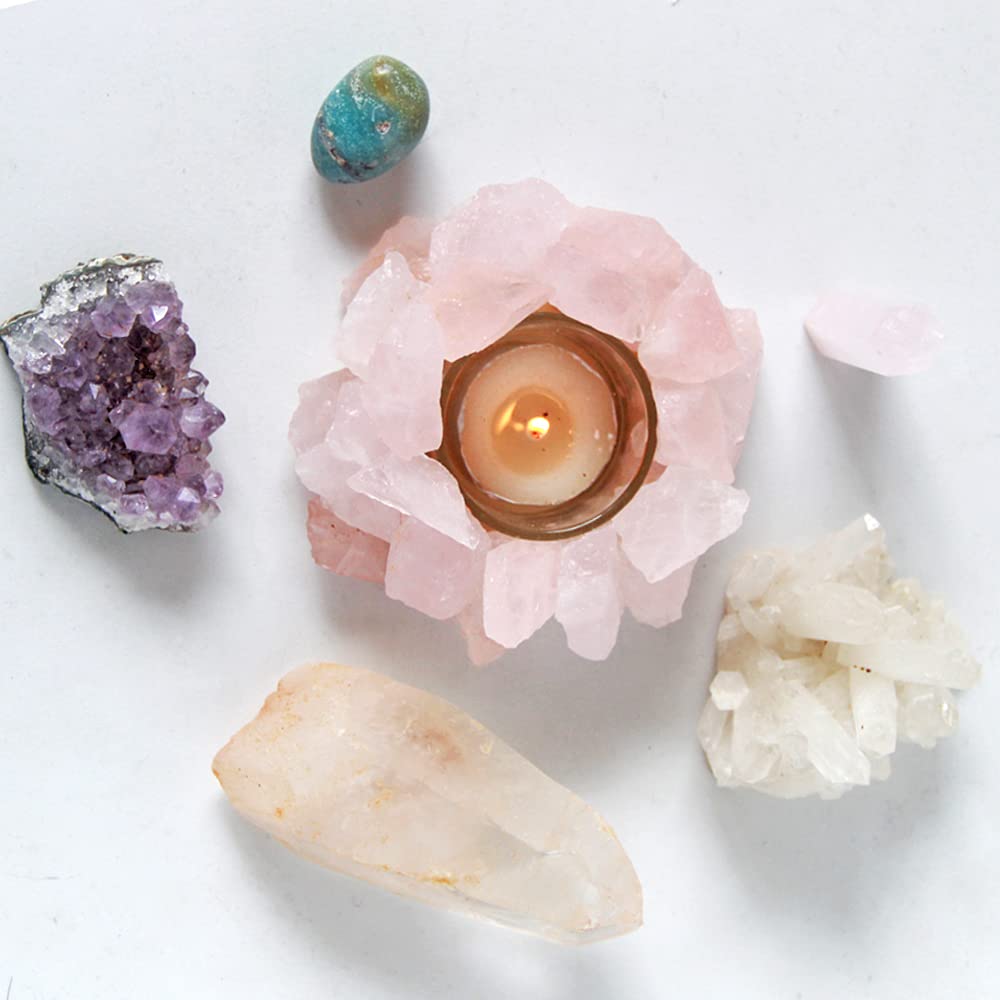 Crystal Rough Stone Votive Candle Holder Tealight Quartz Crystal Healing Gemstone Tealight Holder Home Decor Reiki Stone (Rose Quartz)