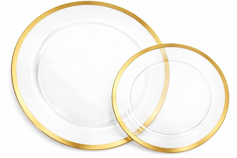 Lillian Tablesettings Magnificence 192-Piece Gold Rim Plastic Plates Set, Heavyweight Disposable Dinnerware – 96 Dinner Plates 10” & 96 Salad Plates 7”, Elegant Clear Plates