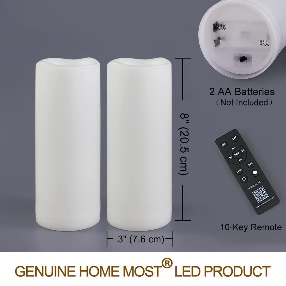 HOME MOST Pack of 2 White LED Candles Outdoor 3x8 - Unscented IP65 Waterproof Battery Powered Flameless Pillar With Remote and Timer - Flickering
