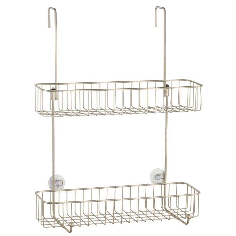 mDesign Extra Wide Metal Wire Over The Bathroom Shower Door Caddy, Hanging Storage Organizer Center with Built-in Hooks and Baskets on 2 Levels for Shampoo, Body Wash, Loofahs - Satin