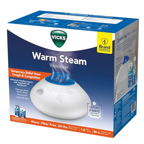 Vicks Warm Steam Vaporizer, Small to Medium Rooms, 1.5 Gallon Tank – Warm Mist Humidifier for Baby and Kids Rooms with Night Light, Works with Vicks VapoPads and VapoSteam