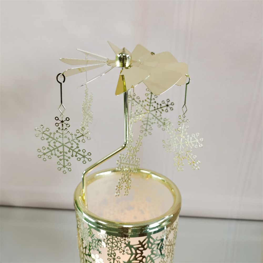 adkinzim Rotary Candle Holders Spinning Tealight Holders Carousel for Tabel Decoration for Children Friend (Golden Snowflakes)
