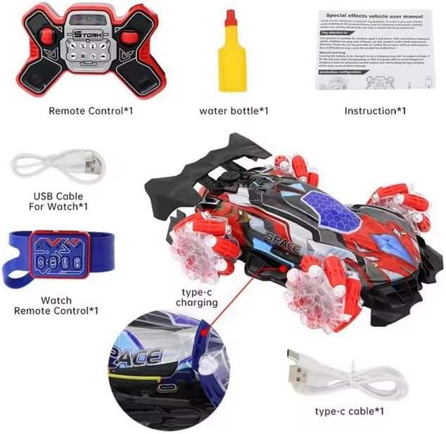 Gesture Sensing RC Stunt Car with Lights & Music Hand Gesture Remote Control Toy with 360° Spins Mist Spray (Red)