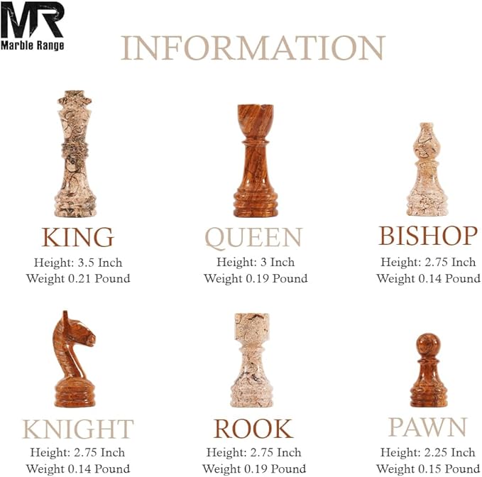Marble Chess Set for Adults 15 Handmade Coral & Dark Brown Board Game with 32 Chess Pieces 2 Extra Queens & Storage Box Luxury Travel Game – Elegant Home Décor