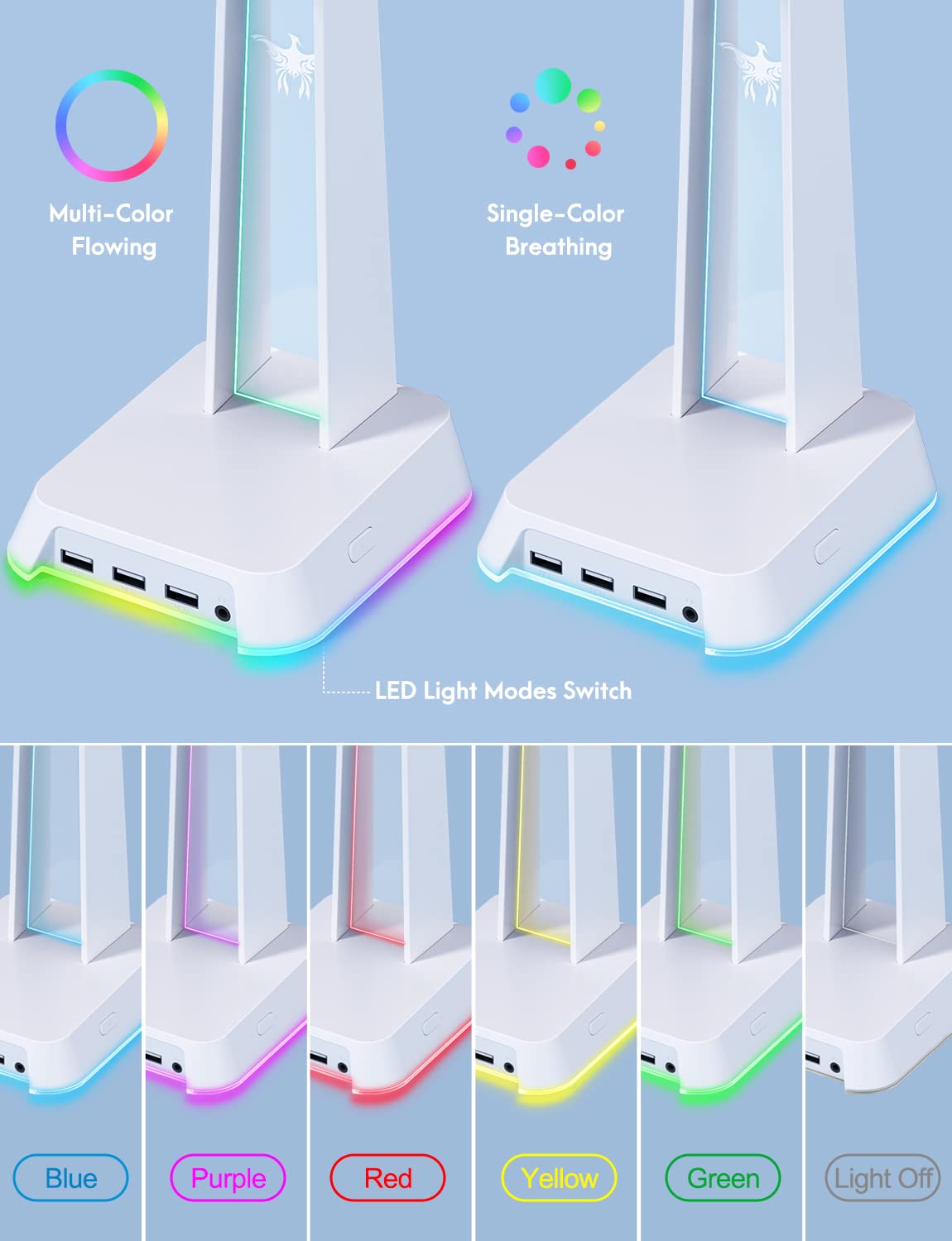 PHNIXGAM RGB Headphone Stand with 3.5mm AUX and 3 Port USB 2.0 Hub, Universal Gaming Headset Hanger Holder for Computer Gaming Gamer Accessories (White)