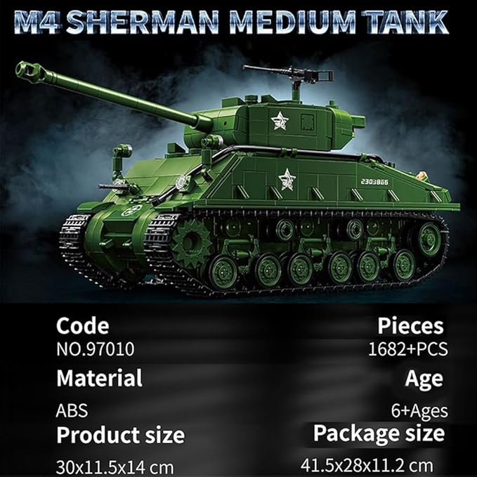 WW2 Military Tank M4 Pershing Heavy Building Block Set 1703 Pcs WW2 Model with Rotating Gun & Figures Army Toys for Adults & Collectors
