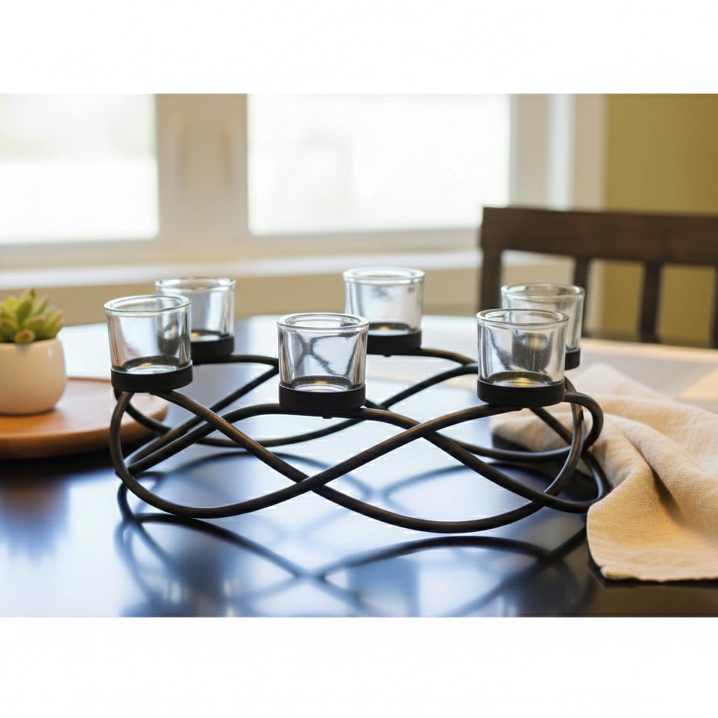 Seraphic Centerpieces for Table Decorations - Oval Candle Holders for Outdoor Patio, Dining, Kitchen, Coffee & Wedding Table Decor, Black Iron Candelabra, 6 Thick Clear Glass Tealight Cups