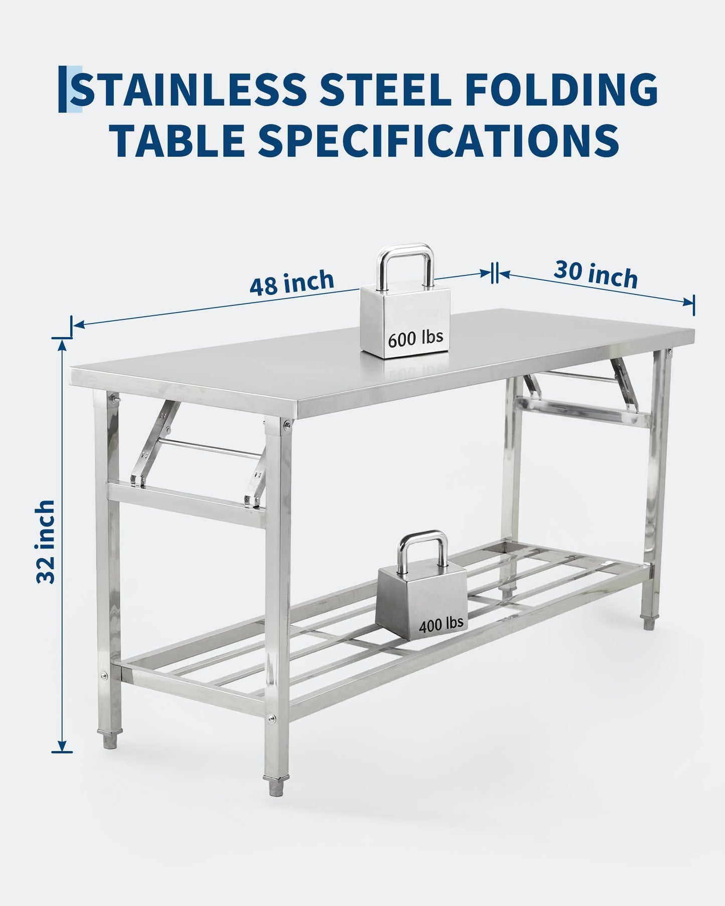 Commercial Stainless Steel Folding Table with Undershelf,48 x 30 Inch Heavy-Duty Kitchen Island Worktable Workstation for Food Prep, Restaurant, Catering & Home Use | Portable Work Table for Kitchen,