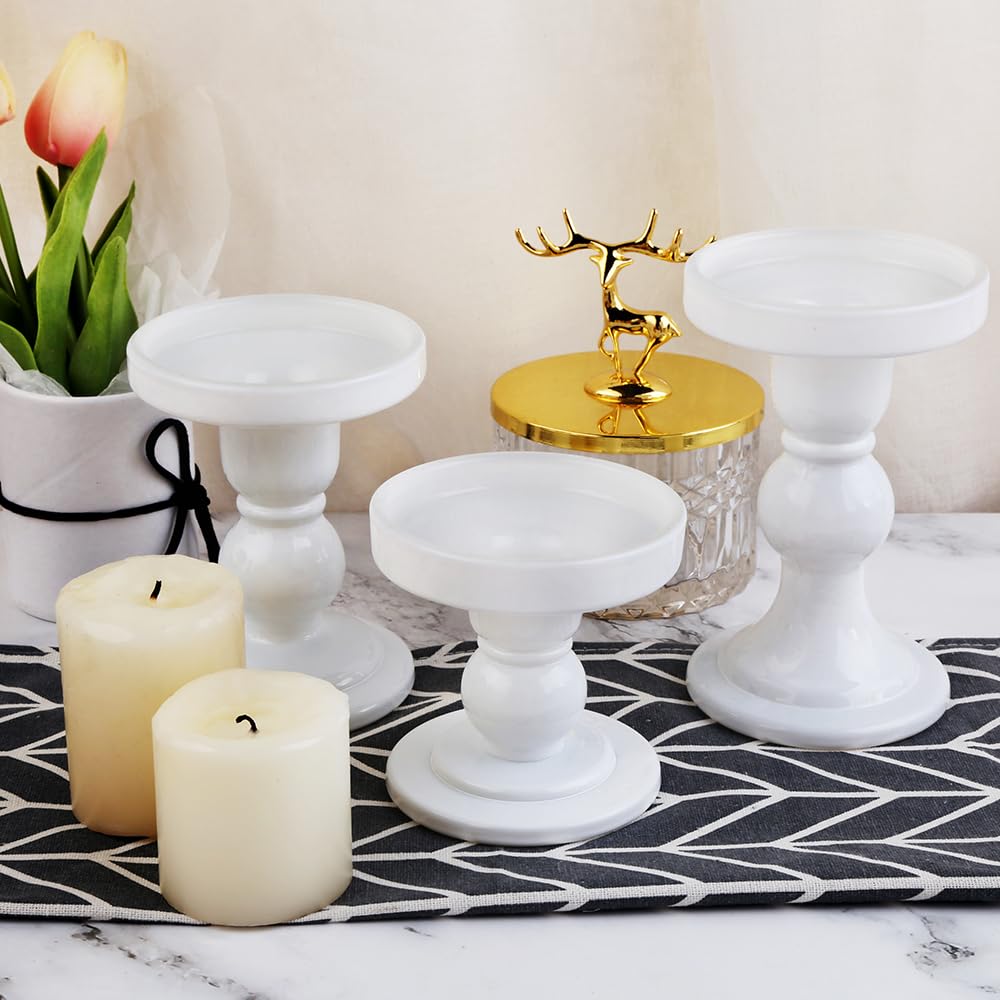 BTGLLAS 3-Piece Set of White Glass Candlestick, Crystal Candlestick Holder Holder and Conical Candle, Christmas Candle Holder Decoration, Family Living Room Wedding Candle Holder (white1set)