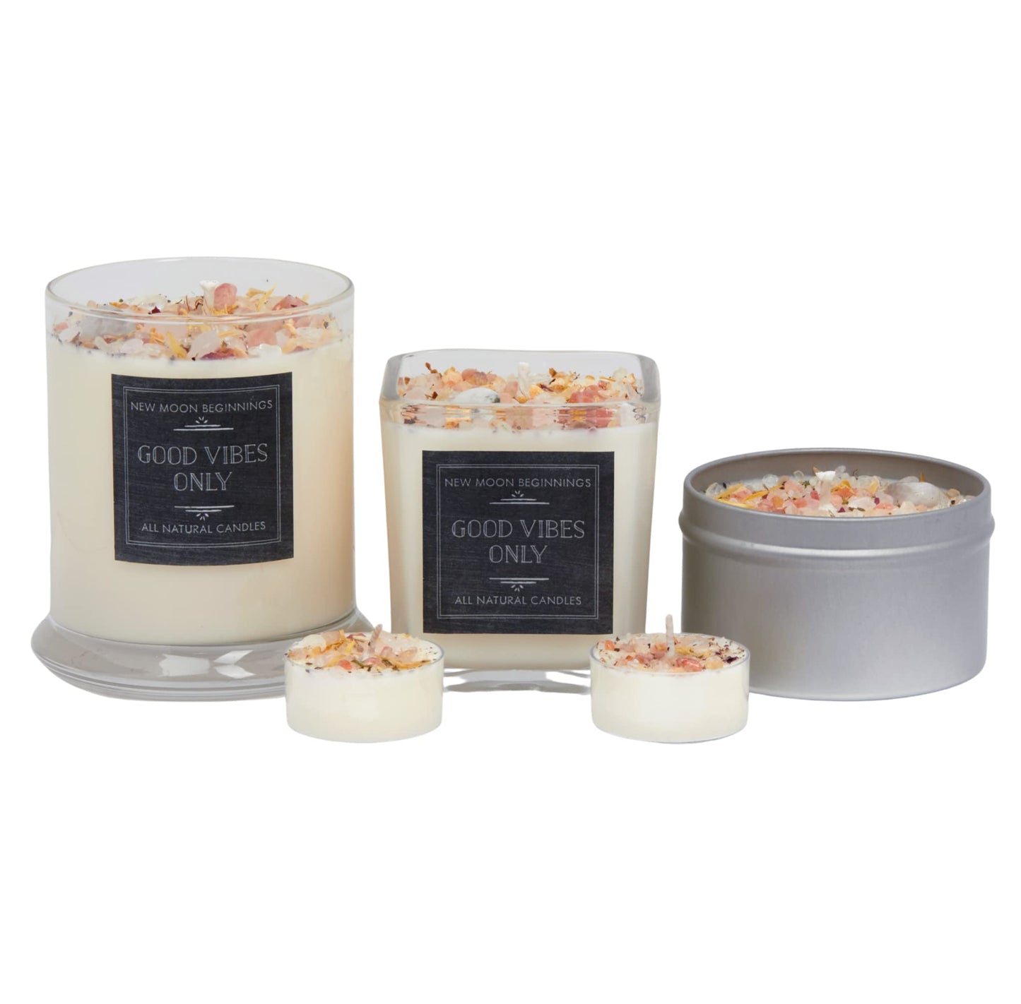 Good Vibes Only Candle by New Moon Beginnings - Negative Energy Cleansing - Soy Aromatherapy Candle - Handmade with Crystals & Herbs (12oz Round Glass Jar)