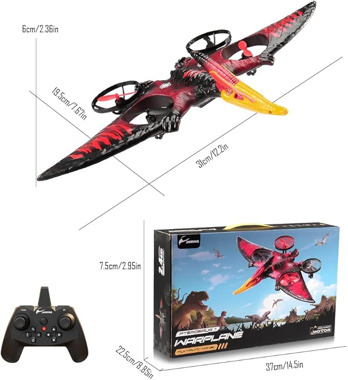 Dinosaur Remote Control Drone 2.4G EPP Foam RC Pterodactyl Hobby RC Airplanes with 6-Axis Gyro One Key Takeoff Landing Stunt Roll & 360 Flip Fighter Jet Toy Christmas Birthday Gift for Boys Gi