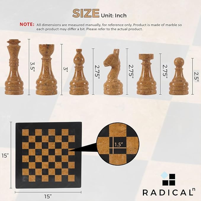 Radicaln Marble Chess Set 15 Inches Black and Golden Handmade Luxury Board Games for Adults Ideal Marble Chess Board Game Set & Chess Pieces
