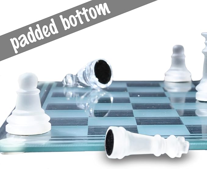 Gamie Premium Glass Chess Set 10 Inch - Elegant Design - Durable Build - 32 Frosted and Clear Pieces - Felted Bottoms - Easy to Carry - Stable & Fully Functional for Chess Lovers