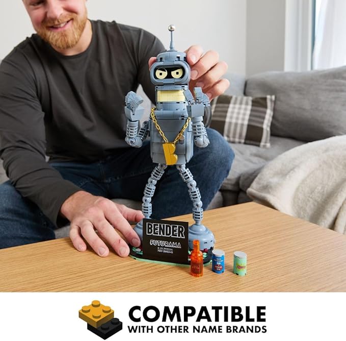 Brickcraft Futurama Bender Brick Building Kit | 396-Piece Posable Robot Figure with Gold Chain & Drinks | Sci-Fi Collectible Display Model Holiday for Adults Teens & Animated TV Fans