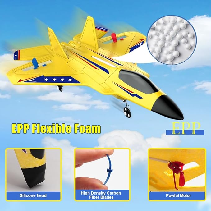 Fremego F22 RC Airplane 2.4GHz Remote Control Plane with Gyro Stabilizer LED Lights & Dual Batteries Easy Fly RC Glider for Kids Boys Adults Beginners(Yellow)