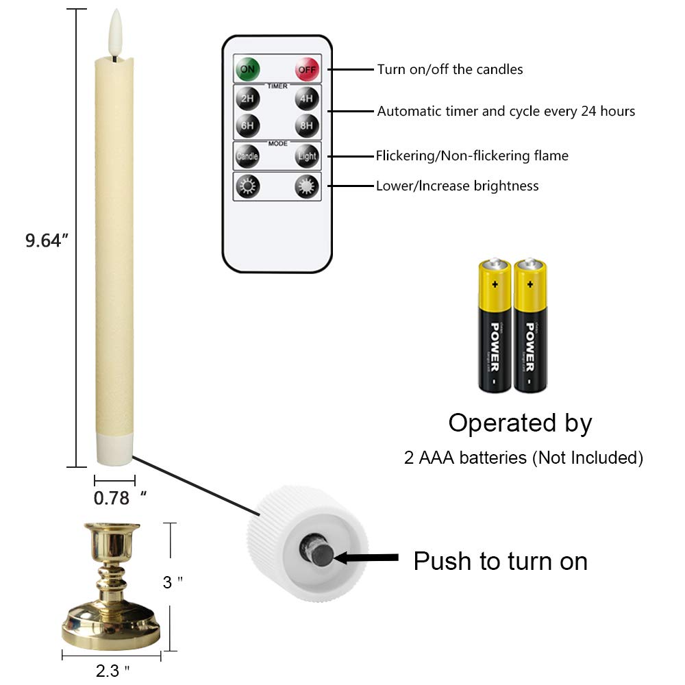Wondise Flickering Taper Candles with Timer and Remote, 9 Inch Battery Operated 3D Wick Real Wax Ivory Candles for Wedding Party Christmas Decoration, Set of 6(D0.8 x H9.6 Inch)