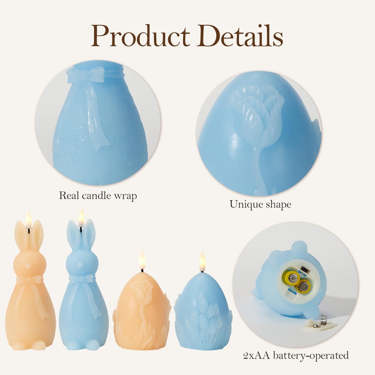 WDS WONDROUS Easter Flameless Candles Set of 4, LED Bunny & Egg Candles with Floral Embossed Design, Blue & Orange Battery Operated Candle for Home Decor, Gift for Women, Mom, Easter Decor