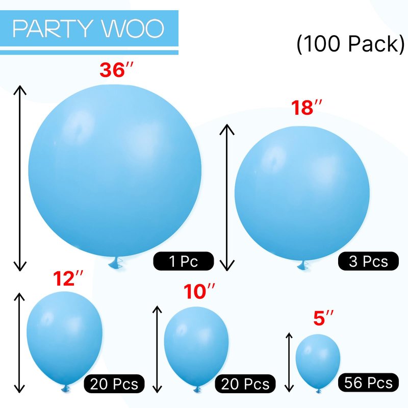PartyWoo Bright Sky Blue Balloons, 100 pcs Matte Blue Different Sizes Pack of 36 Inch 18 Inch 12 Inch 10 Inch 5 Inch Blue for Balloon Garland Arch as Party Decorations, Blue-Y20