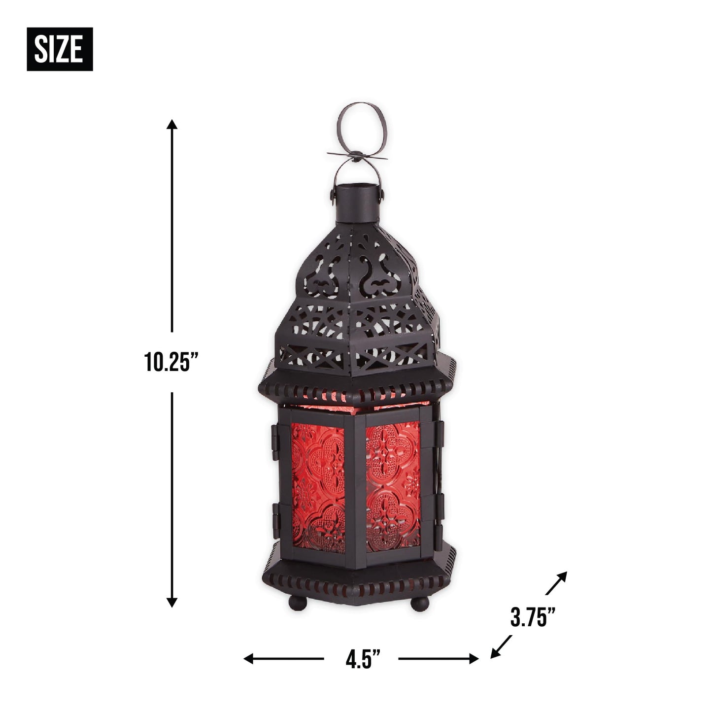 Zingz & Thingz Moroccan Style Candle Lantern Holder, Decorative Light Home Decor, Indoor & Outdoor, 10.25" Tall, Black with Red Glass