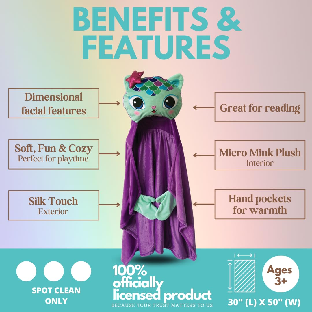 DreamWorks Gabby's Dollhouse Mercat Bedding Super Soft and Cozy Wearable Hooded Throw Blanket, 50" X 30" (Official Licensed Product) By Franco