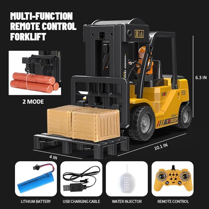 RC Forklift 2 in 1 Transform Lift Fork & Hook Kids Forklift Toy with Light & Sound & Spray 11 Channel Remote Control Forklift Construction Vehicles Toy Gift for Kids 6+
