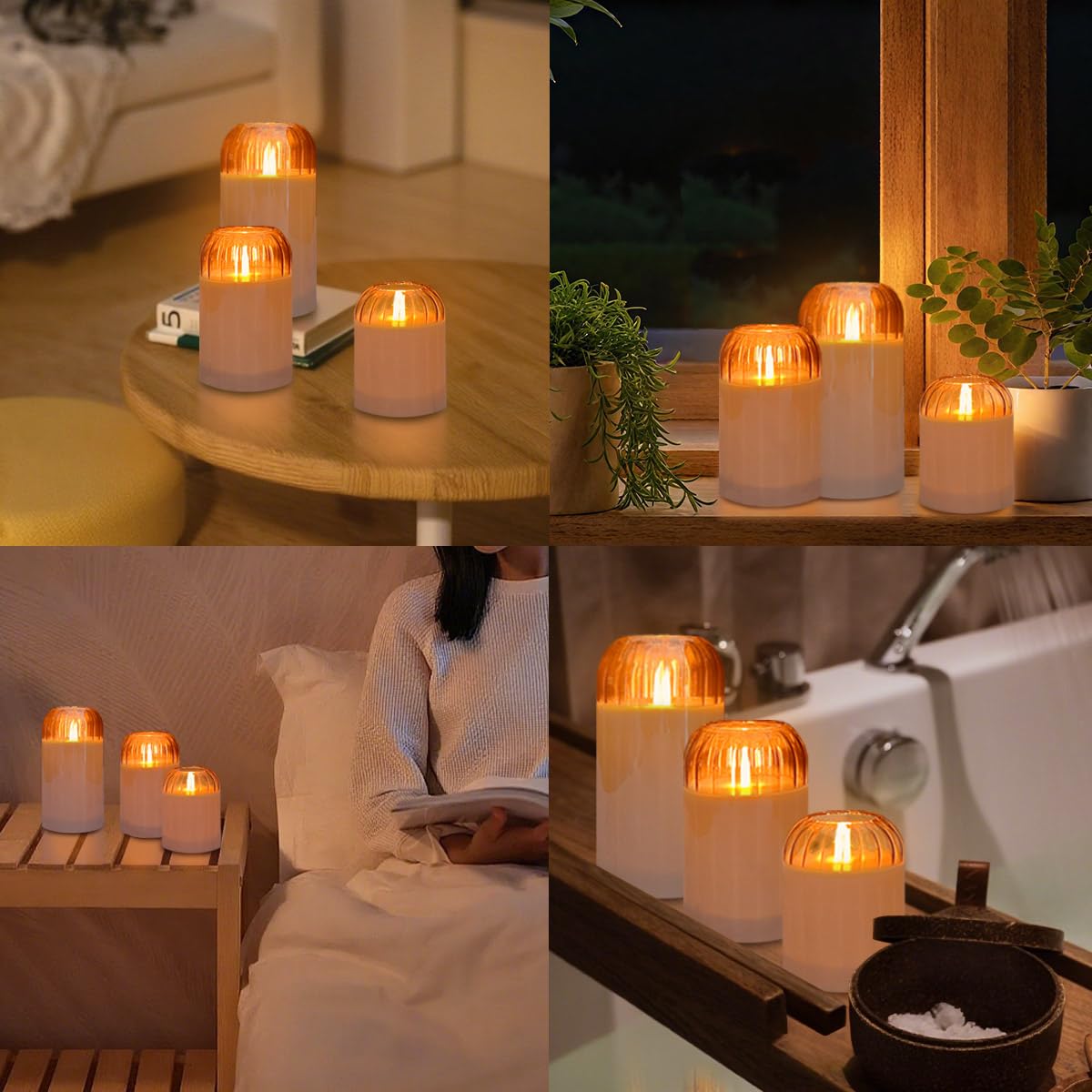 NICE POINT 3Pcs LED Candle Set Rechargeable with Remote Control,Grey Glass Flameless Candles,Candle Lights for Home Decor, Bedroom, Bathroom Accessories,Pumpkin Fake Candles for Halloween