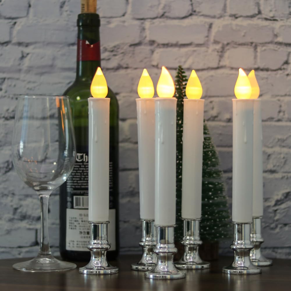 DRomance 9" Flameless Window Taper Candles Battery Operated with 8-Key Remote and Timer, 8 Pack White Christmas Holdiay Window Candles with Silver Holders, Suction Cups and AA Batteries Included
