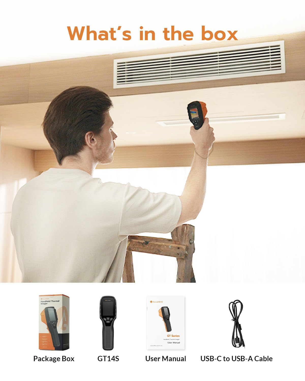 AccuMEMS GT14S Thermal Imaging Camera with Thermometer Mode, Ultra-Light 240g, -4°F~1022°F Range, 14H Runtime, Live Tracking with Edge-Enhanced Display, Infrared Camera for HVAC/Electrical Inspection