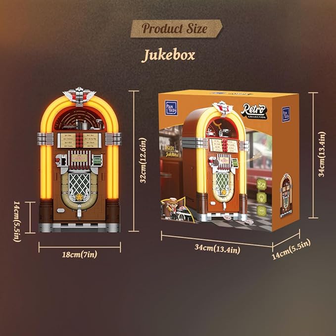 PANTASY Retro Jukebox Building Kit with Coin & Sound Function Mechanical Music Box Model with Acrylic Records Recording Studio & Minifigure Collectible Construction Toy Gift for Adults and