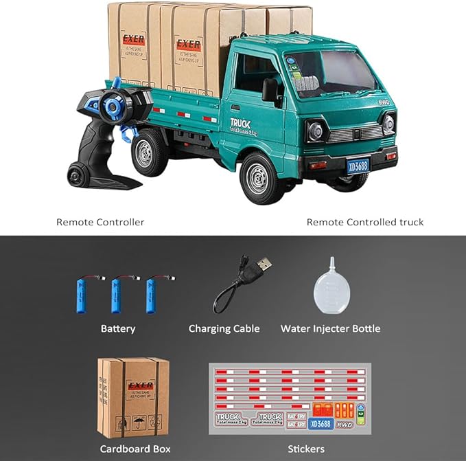 Remote Control Car RC Kei Truck1:16 Scale RC Transporter Pickup Truck 2.4GHz All Terrain RC Transport Cars with Spray & Light 3 Batteries (Green)
