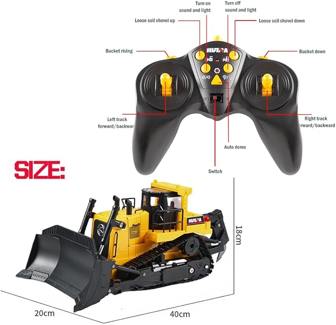 HUINA 1554 1/16 Scale Remote Control Bulldozer 2.4GHz 11CH RC Construction Vehicle with Lights & Sound Toy Electric Toys for Kids 8+ Years Old