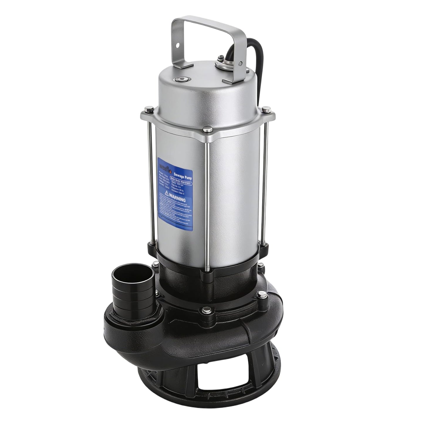 Weeflos 1.6HP 5200GPH Sewage Grinder Pump Stainless Steel Effluent Pump with Auto Float Switch for Basement Sump Basin and Sewage Well Pre-wired (16M) with a 3-Point Plug