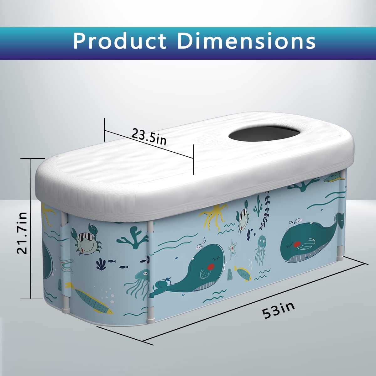 53" Extra Large Portable Foldable Bathtub with Cover for Adult, Family SPA Soaking Tub for Small Bathroom, Thicken Multiple Layer Bathtub with Lid for Shower Stall (53" Ocean Style)