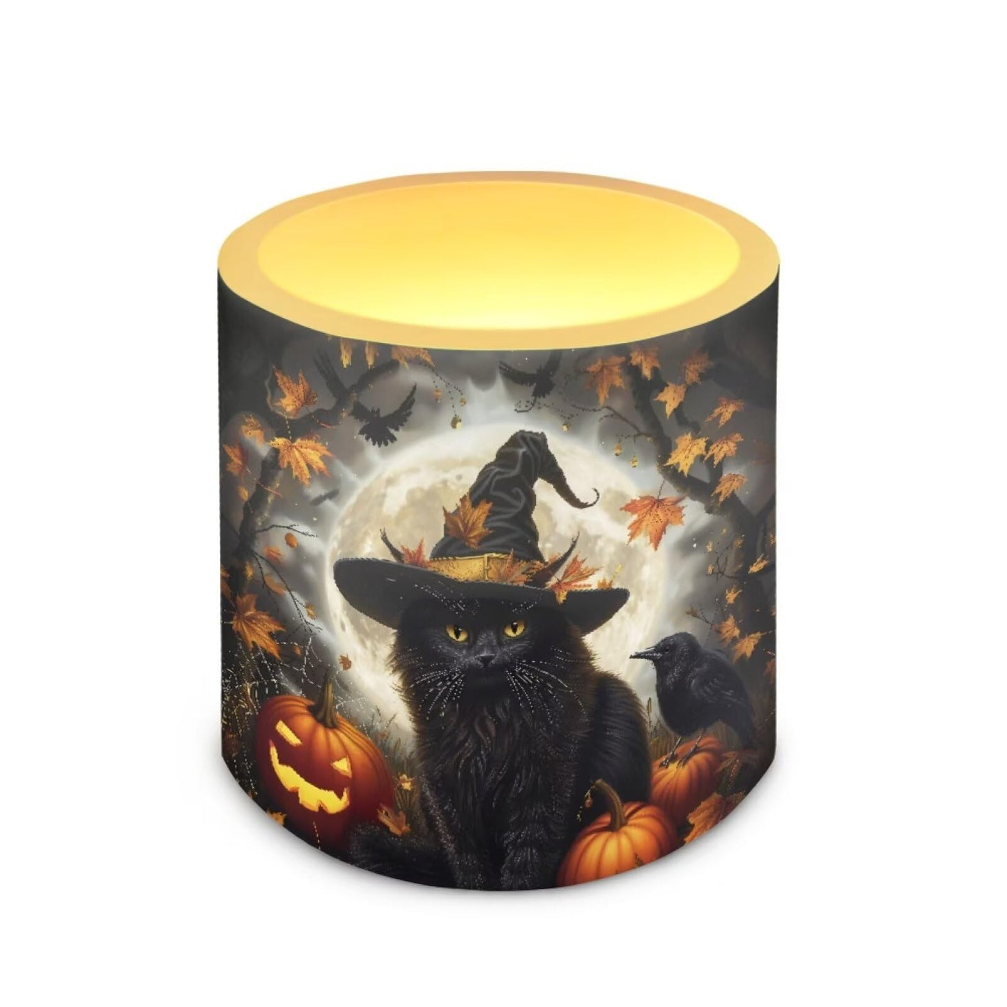 Merkmak 4Pcs Halloween Flameless Candles with 18-Key Remote Battery Operated Candles with Timer, Moon Black Cat Pumpkin LED Pillar Tea Lights for Party Banquet Home Decoration