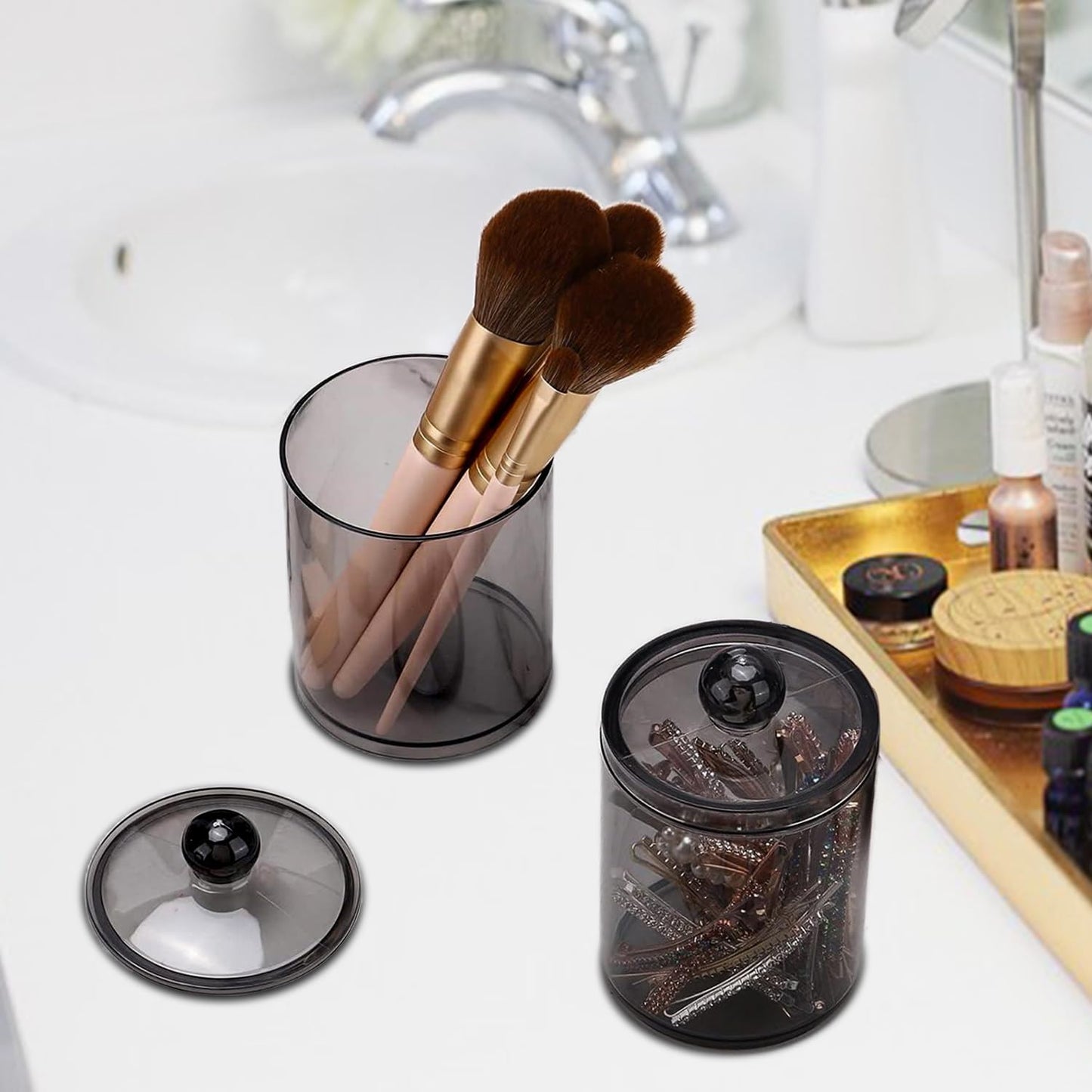 Regine Switzerland Cotton Buds Dispenser - Clear Black Round Holder | 10 oz Apothecary Jar Set for Storage