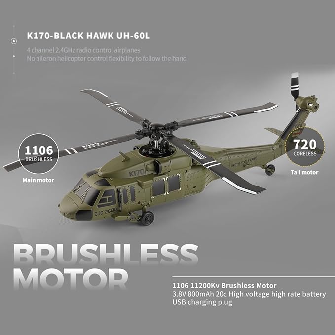 K170 UH60L RC Helicopter Remote Controlled Helicopter for Adults Beginners 2.4G 4CH RC Plane 6-Axis Gyroscope Altitude Hovering Military Aircraft Aileronles (1 Battery)