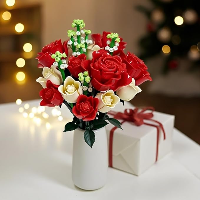 WISEPLAY Rose Bouquet Flower Building Set – 697 PCS for Women DIY Red & White Rose Flower Building Blocks Creative for Adults & Teens