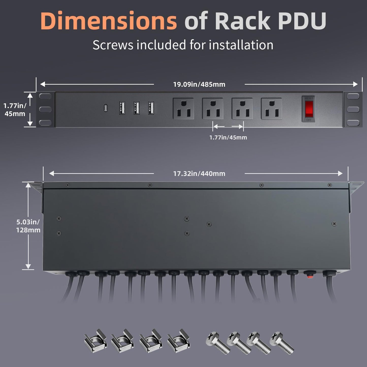 20-Outlet 1U Rack Mount PDU Power Strip – 3 USB-A & 1 USB-C Ports, Wide-Spaced Outlets, 6-Foot Cord, Built-in 15A Overload Switch for 19-Inch Server, AV & Network Racks