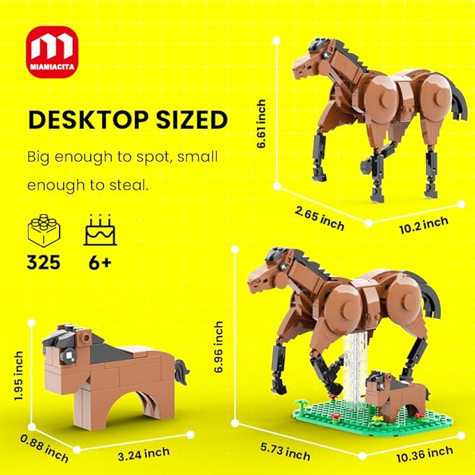 Horse Toys Building Set Realistic Horse Figurines 2-in-1 Mother & Foal Horse with Green Base Flowers & Grass Creative Animal Building Toy for Kids Ages 6+