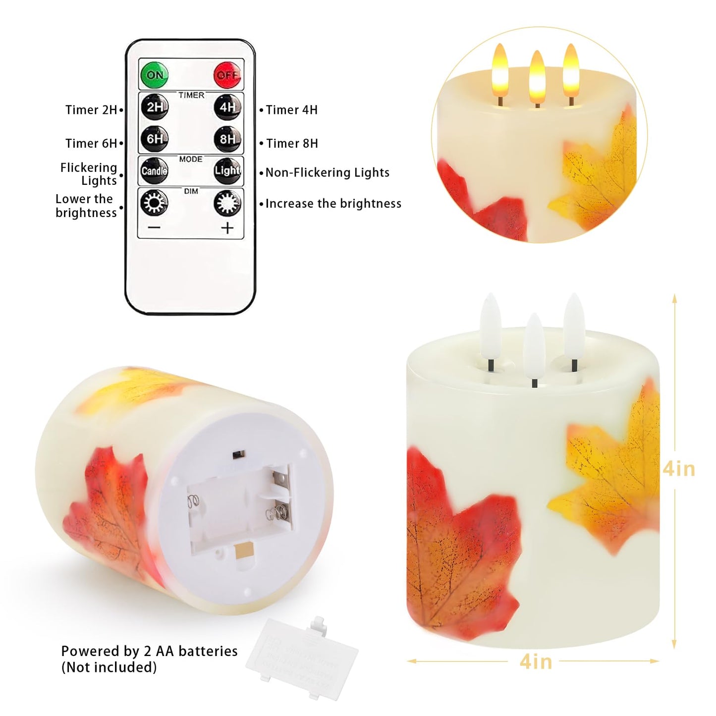 Large 3 Wick Flameless Candles, 4"x4" Flickering Maple Leaves LED Candles with Remote & Timer, Real Wax Electric Pillar Candles Battery Operated, Fall Candles for Thanksgiving Harvest Autumn Decor
