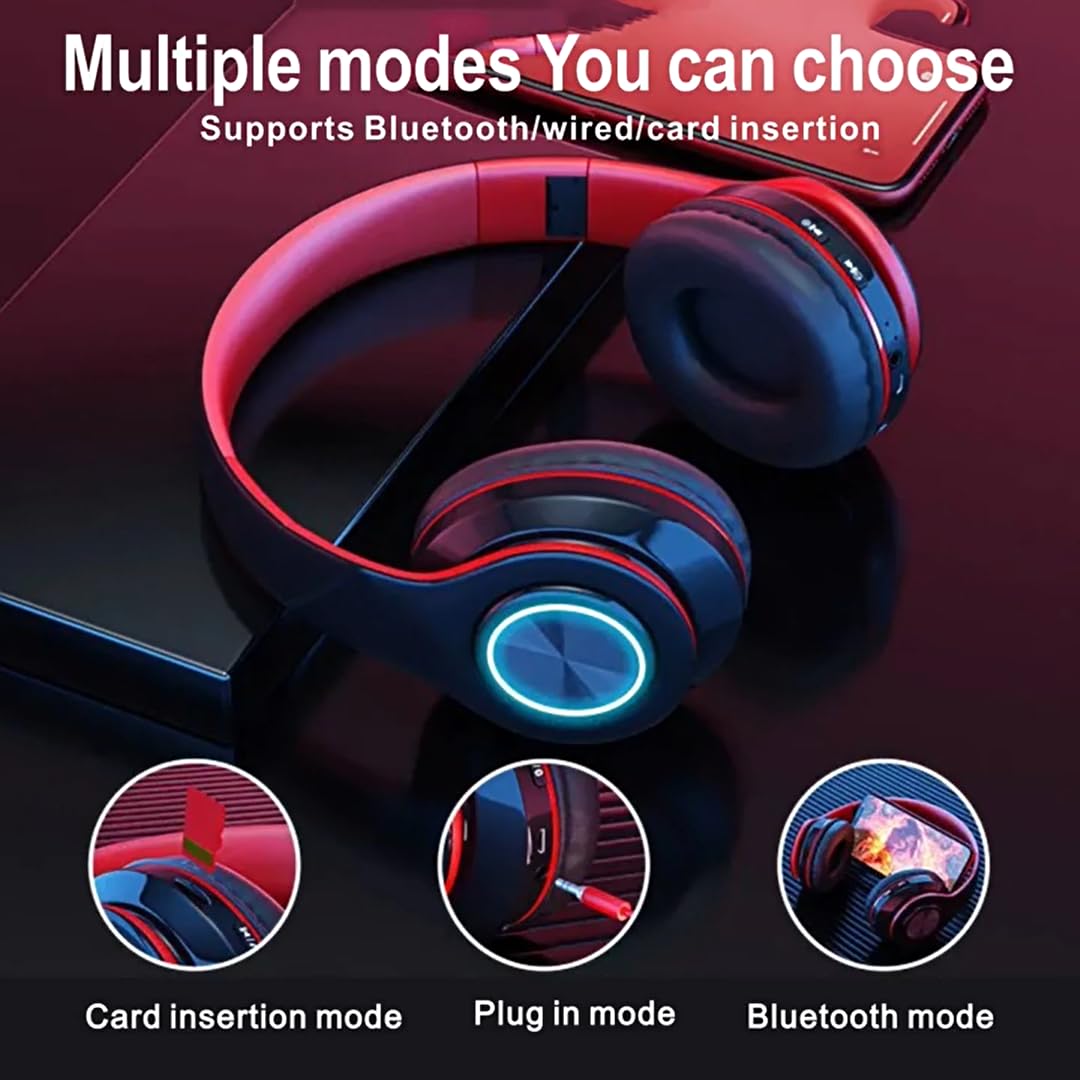 Fragolucyou Wireless Bluetooth Headphones-Colorful Lights,Foldable,Bluetooth 5.0,10 m Range,Stereo Surround,Built-in Microphone,Comfortable affixed Ears (Black-red)