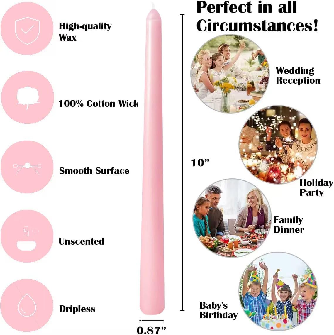 12 Pack 10 inch Pink Taper Candles, Unscented Dripless Candlestick Bulk for Home Dinner Wedding Romantic, Long-Lasting Burn Time of 7-8 Hours
